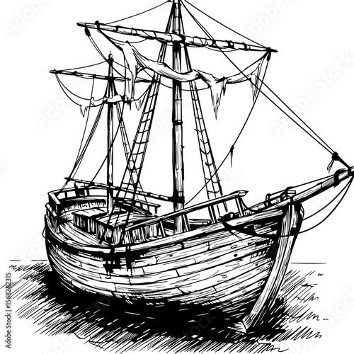 Old Wooden Sailboat at Shore: An aged wooden sailboat with weathered sails rests ashore, etched in a detailed black and white artistic style, capturing the essence of historical maritime craft.