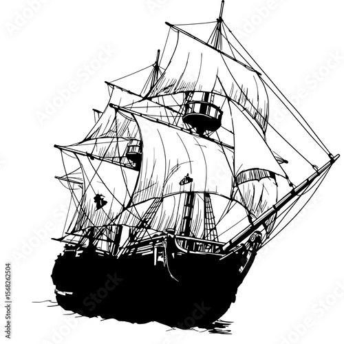 Sailing the Silhouette: A majestic silhouette of a sailing ship cuts through the water, its sails billowing in the wind, embodying adventure and exploration.