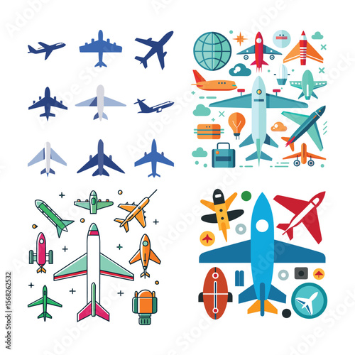 Airplane Icon Set – Flat Style Aircraft Vector Collection