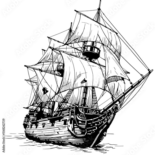 Sailing the Horizon: A majestic, detailed illustration of a tall ship, its sails billowing, traversing the open sea. This monochromatic artwork evokes a sense of adventure, history.
