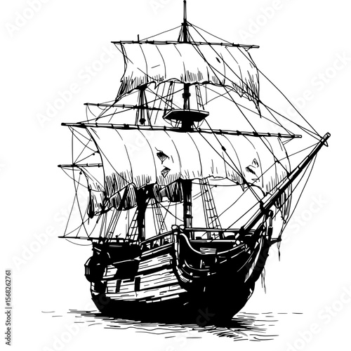 Sailing Ship: An illustration of a classic sailing ship, full of intricate details. This image captures the essence of exploration and adventure.