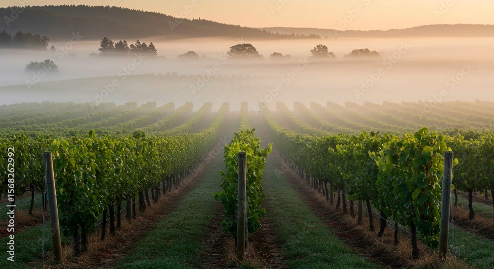 Fototapeta premium Vineyard rows stretch into the distance under a blanket of morning fog