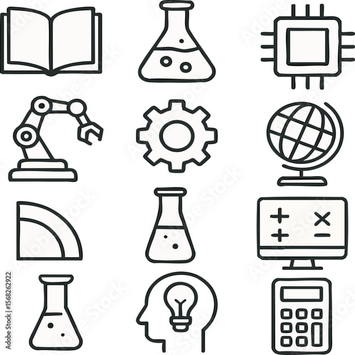 Science technology engineering mathematics icons stem education learning innovation research development on transparent background