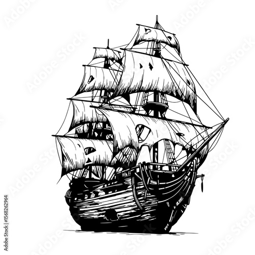 Vintage Tall Ship: A majestic vintage tall ship, weathered by time and the open sea, sails proudly.