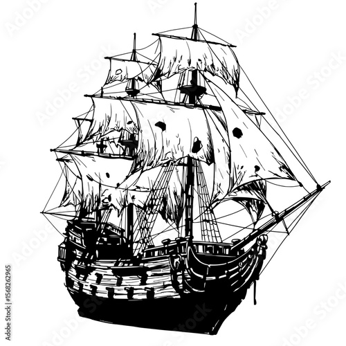 Voyaging into the Unknown: A striking monochromatic illustration of a majestic sailing vessel, reminiscent of historic voyages. Featuring billowing sails and intricate rigging.