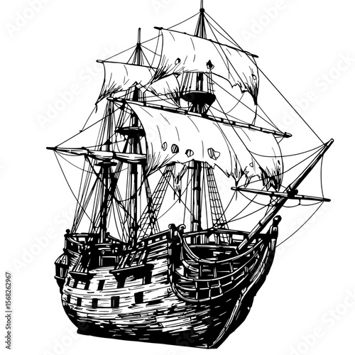 Sailing Vessel's Grace: An exquisite black and white illustration of a tall sailing ship, with billowing sails, captures the essence of exploration and adventure on the open sea. 