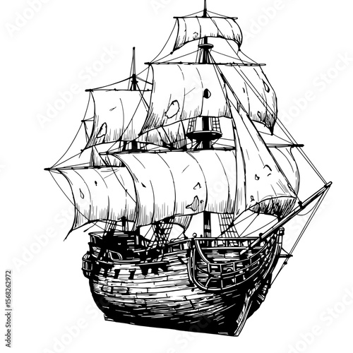 Sailing the Seven Seas: A majestic tall ship, meticulously illustrated, sails against an endless sea, invoking a sense of adventure. Capture the spirit of maritime exploration.