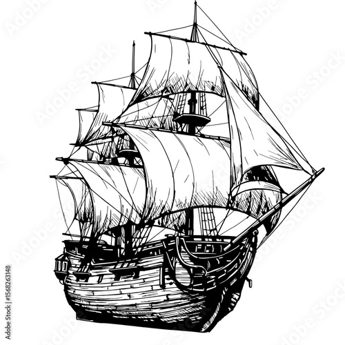 Sailing Vessel Illustration: A meticulously crafted illustration showcasing the majestic silhouette of a sailing vessel, rendered in striking detail. 