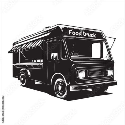 Hand Drawn Sketch Of A Vintage Food Truck With A Canopy 