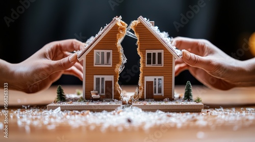 Detailed image of a miniature house split into two halves held by hands, symbolizing divorce or separation in a real estate context