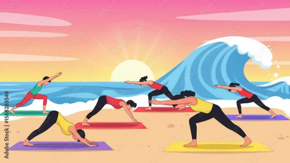 Women Doing Yoga on Beach with Ocean Wave and Sunrise Women Doing Yoga on Beach with Ocean Wave and Sunrise