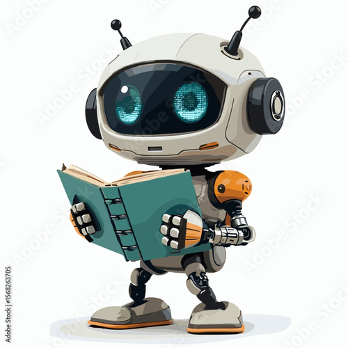 Cute robot reading a book, futuristic design, technology and knowledge concept