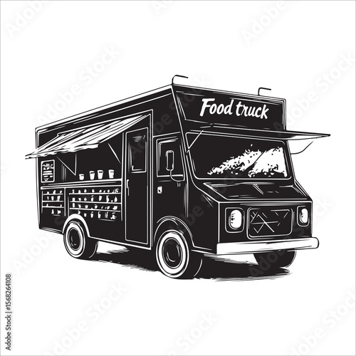 Hand Drawn Sketch Of A Vintage Food Truck With A Canopy 