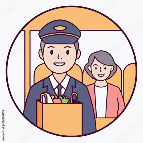 Bus driver and passenger with groceries inside bus