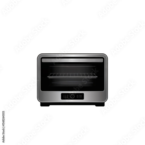 Vector illustration of a modern countertop toaster oven with glass door, control panel and internal rack, isolated on white background.