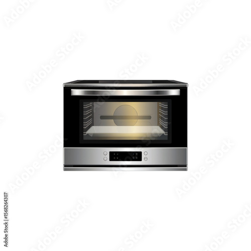 Vector illustration of a modern built-in oven with front glass door, internal light and digital control panel, isolated on white background.