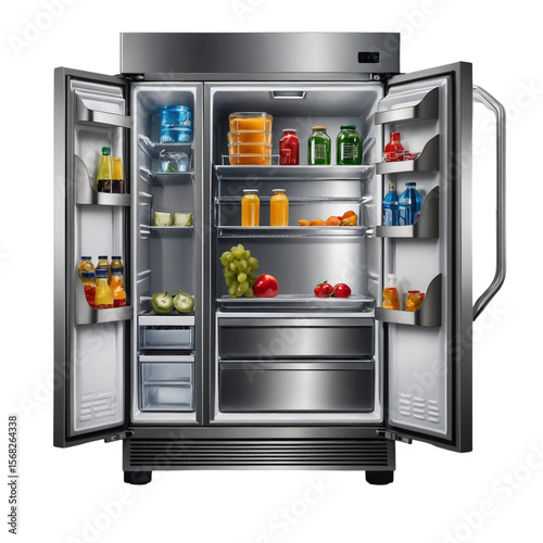 Vector illustration of a modern stainless steel refrigerator with open French doors, fully stocked with drinks, fruits, and containers, isolated on white background.