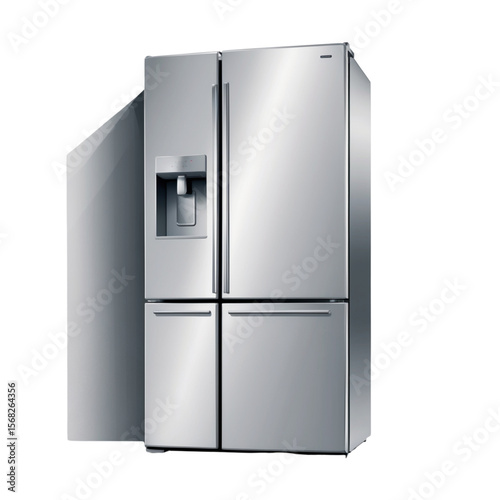 Vector illustration of a modern French door refrigerator with bottom freezer and water dispenser, stainless steel finish, isolated on white background.