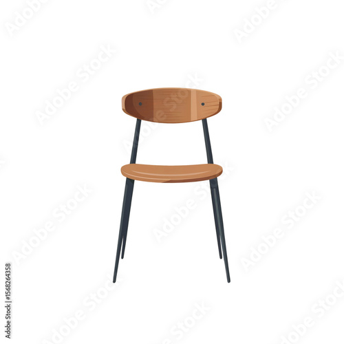 Vector illustration of a modern dining chair with wooden seat and backrest, black metal legs, minimalist design, isolated on white background.