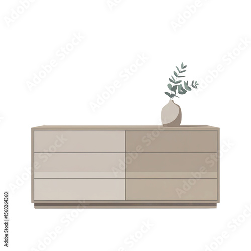 Vector illustration of a modern wooden sideboard with drawers, decorated with indoor plants, bowl and table lamp, minimalistic interior scene, isolated on white background.