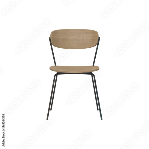 Vector illustration of a modern dining chair with wooden seat and backrest, black metal legs, minimalist design, isolated on white background.