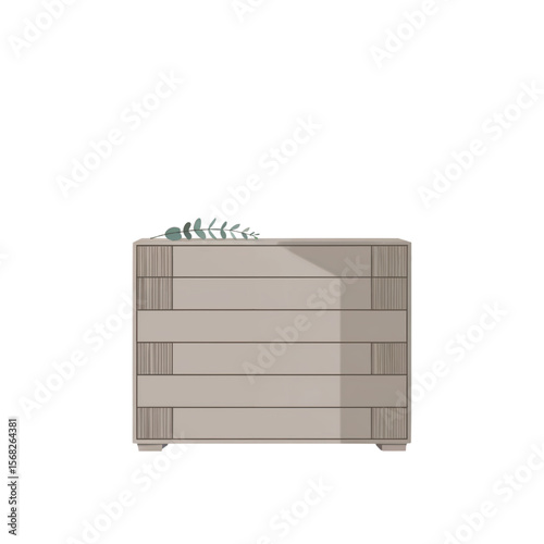 Vector illustration of a modern wooden sideboard with drawers, decorated with indoor plants, bowl and table lamp, minimalistic interior scene, isolated on white background.
