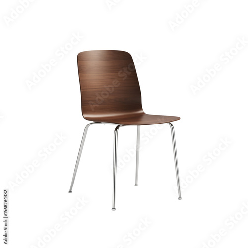 Vector illustration of a modern wooden chair with curved backrest and thin metal legs, elegant and minimal design, isolated on white background.