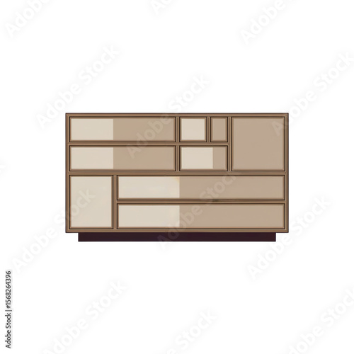 Vector illustration of a modern sideboard cabinet with geometric compartments in neutral beige tones, minimal design on white background.