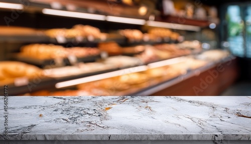 empty stone marble table top in blurred bakery background blank nature textured rock desktop for product display in abstract blurred food shop backdrop