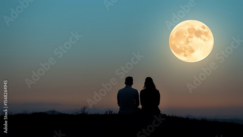 Silhouette Couple Watching Romantic Sunset, Large Moon, Peaceful Landscape