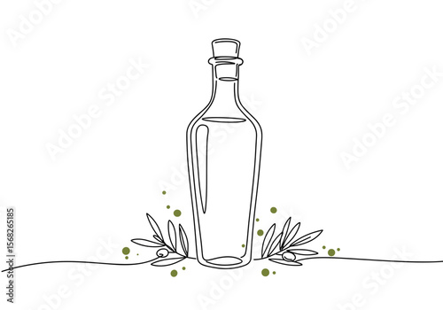 Minimal line art illustration of olive oil bottle with branches for greek gourmet branding and organic food packaging