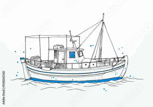 Greek fishing boat hand drawn illustration for travel blogs and seafood restaurant branding