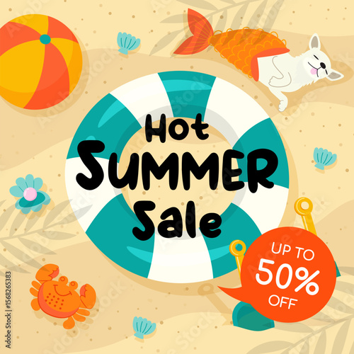 Hot Summer Sale promotion vector illustration. Chihuahua sleeping on the beach
