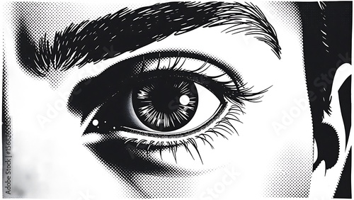 Dramatic Black and White Close-up of a Woman's Eye, Intriguing Gaze, Halftone Texture, Bold Graphic Style