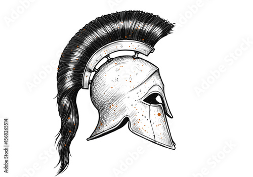 Ancient Greek Spartan helmet illustration with plume, historical symbol