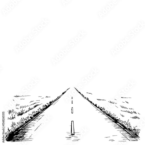 Journey Ahead: A hand-drawn illustration captures the essence of a long, empty road receding into the distance, symbolizing journey, adventure, and the open road.