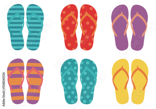 A collection of six vibrant pairs of colorful flip-flops featuring various patterns, perfect for summer holidays and beach vacations.