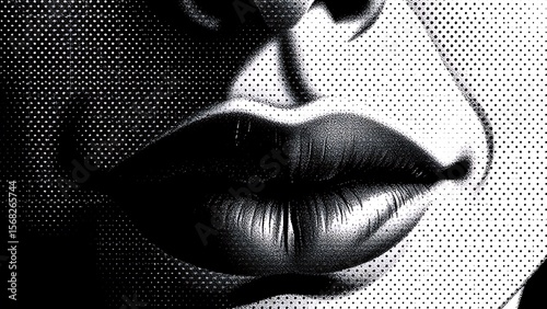 Sensual Black and White Lips: Close-up Pop Art Style Image