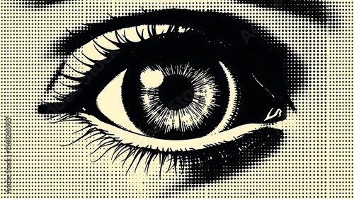 Dramatic Close-up of a Woman's Eye, Vintage Pop Art Style, Black and Beige Halftone