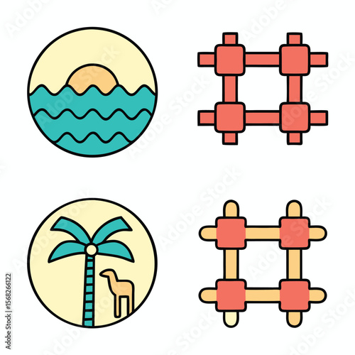 Desert oasis and abstract grid icons palm tree camel