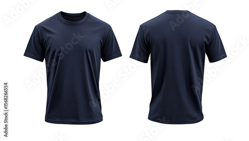 Front and back view of a navy blue t-shirt