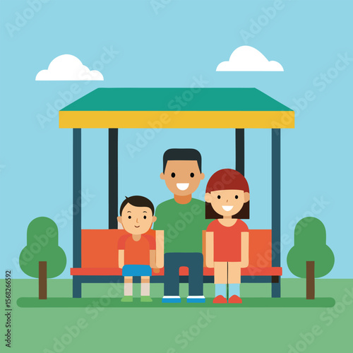 Father and children at rural bus stop family daughter