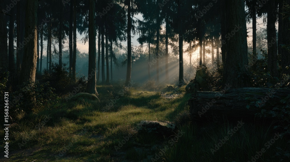 Obraz premium Sunbeams pierce a misty forest path