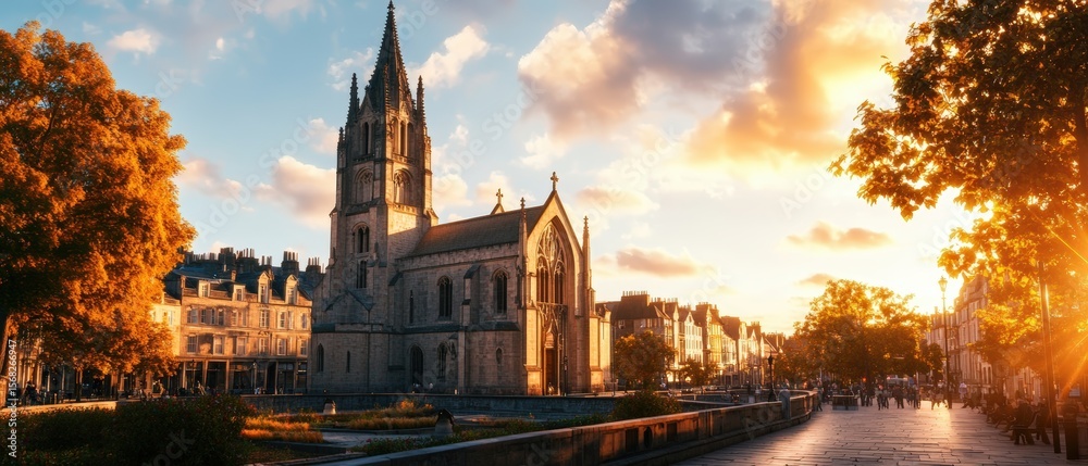 Obraz premium Historic Gothic Cathedral with Tall Spire and Classic Architecture Under Bright Sunset Sky in a City Scene