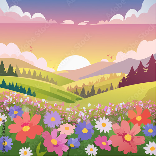 Field wildflowers, Vibrant colors of sunset, blooming in spring
