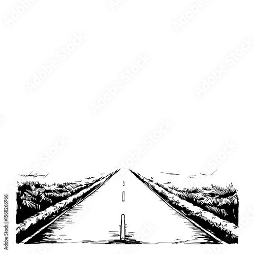 Open Road to a New Horizon: A drawing of an empty road stretches towards the horizon, it creates a sense of freedom, journey, and endless possibilities.