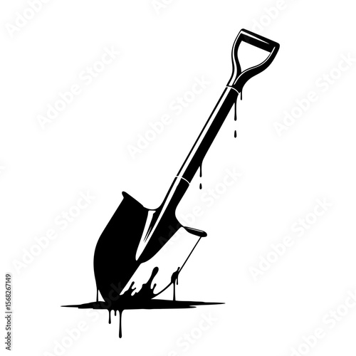 A black and white illustration of a shovel with dripping liquid