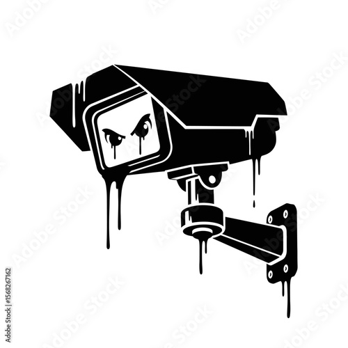 Black and white security camera with dripping paint and angry eyes
