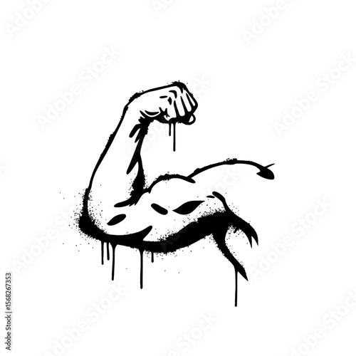 A black and white illustration of a muscular arm with a fist up