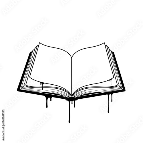 Open book with dripping ink illustration on a white background